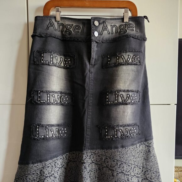Gracia Angel skirt black denim cotton & lycra pockets graffitis crystal - Picture 2 of 10